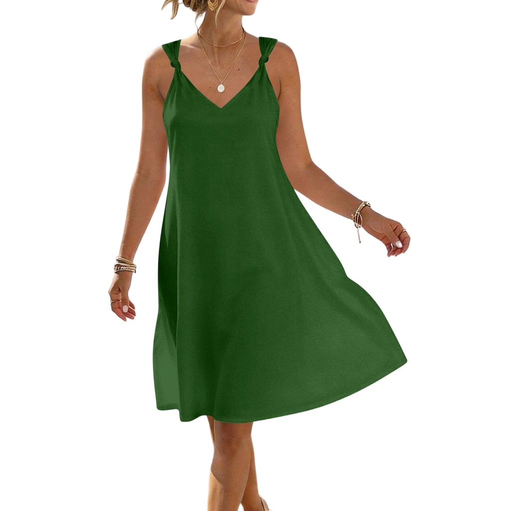 Women Sleeveless V Neck Strap Dress Casual Loose Fit Tie Shoulder Summer A Line Dress Lightweight Solid Design