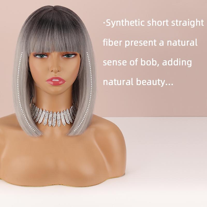 MERISIHAIR Ombre Grey Color Women Fashion Shoulder Length Natural Straight Bob Wig with Bangs Daily Wear Cosplay Synthetic Wig