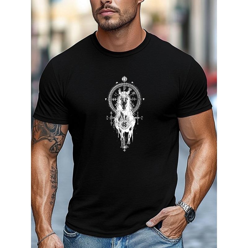 European Size Men's T-shirt, Simple and Clean, Relaxed and Casual, Men's Summer Casual Crew-neck Short-sleeve T-shirt with a Horse and Runes Pattern