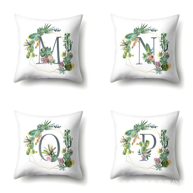 Polyester Pillowcase Home Green Succulent Pillowcase 26 English Letters Cushion Cover Car Cushion Cover