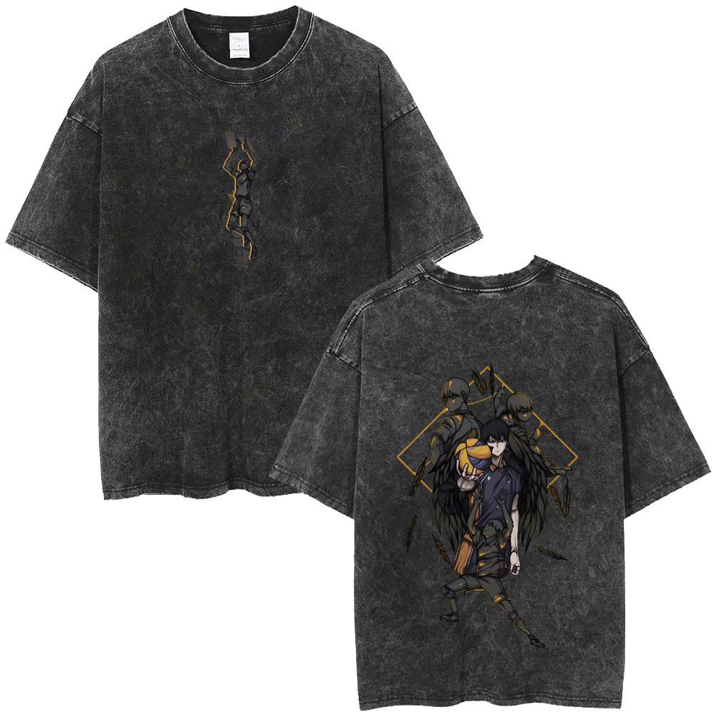 Gewaschenes Vintage Anime Haikyuu KARASUNO Merch T-Shirt Herren Cartoon Manga Oversized T-Shirt Herren Sommer Lässige Kurzarm-T-Shirts