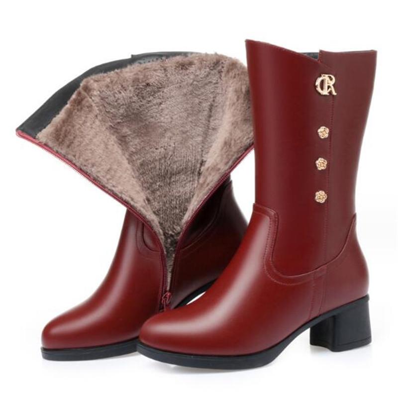 Women Leather Boots Genuine Leather Plush Boots Winter Warm Thick Heel Brand High-heeled Fashion Mid-Calf Snow Boots Women Shoe