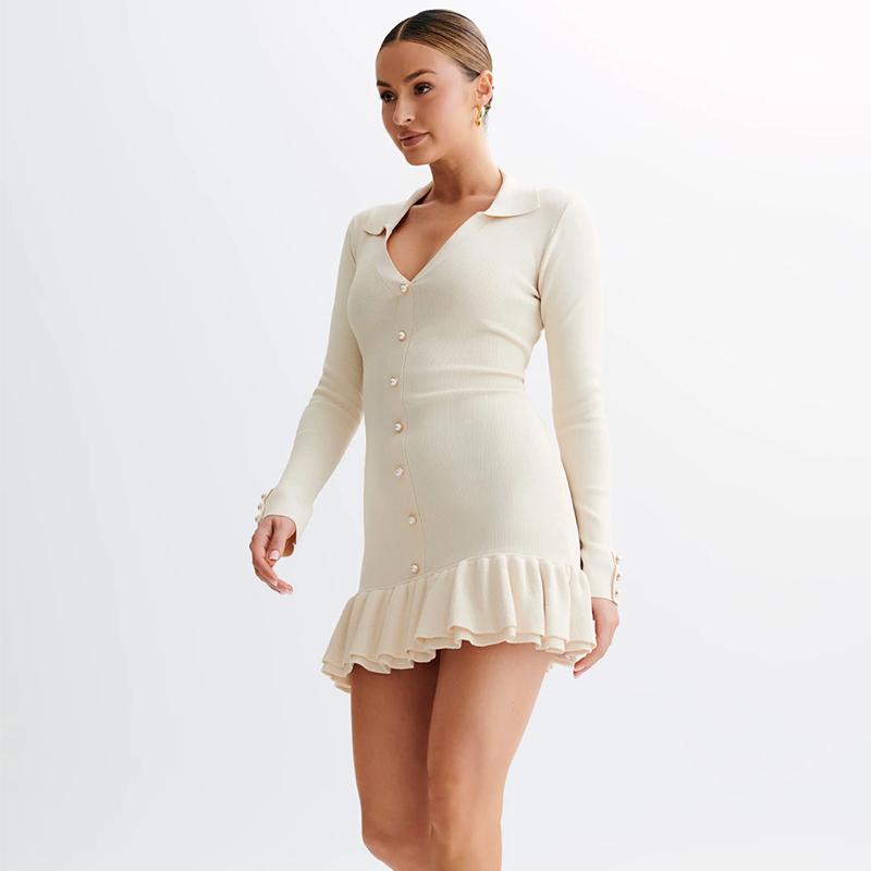 Ruffle Splice Knitwear Dress Women Elegant Bandage Bow Backless Mini Dresses Femme Holiday Long Sleeve Contrast Cardigan Lace Up Vacation Knit Dress