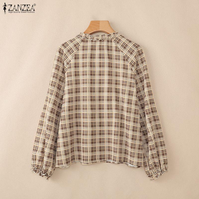 ZANZEA Damen Karo Druck Lässige Rundhals Langarm Bluse