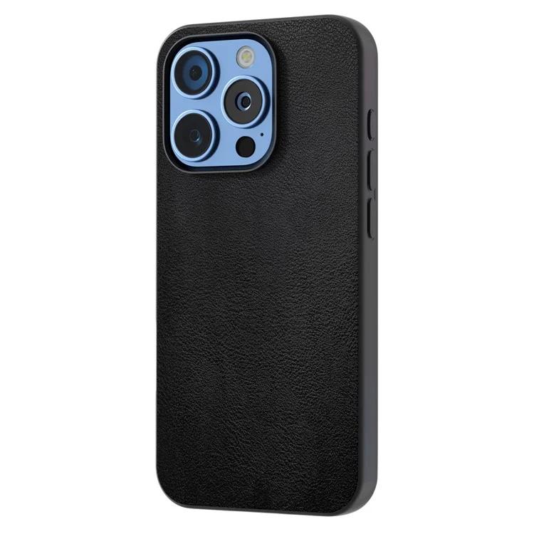 

For iPhone 16 Pro Max Case PU Leather Coated TPU+PC Hybrid Phone Cover - Black