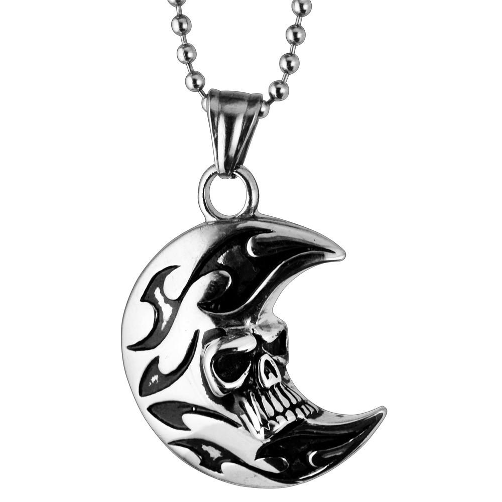 Punk Style Moon Skull Pendant Necklace In Titanium Steel