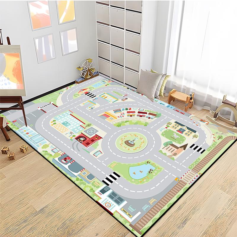 Kids Road Traffic Carpet Cartoon Car Toys Area Rug for Boys Girls City Life Educational Rugs Baby Room Bedroom Nursery Play Mat