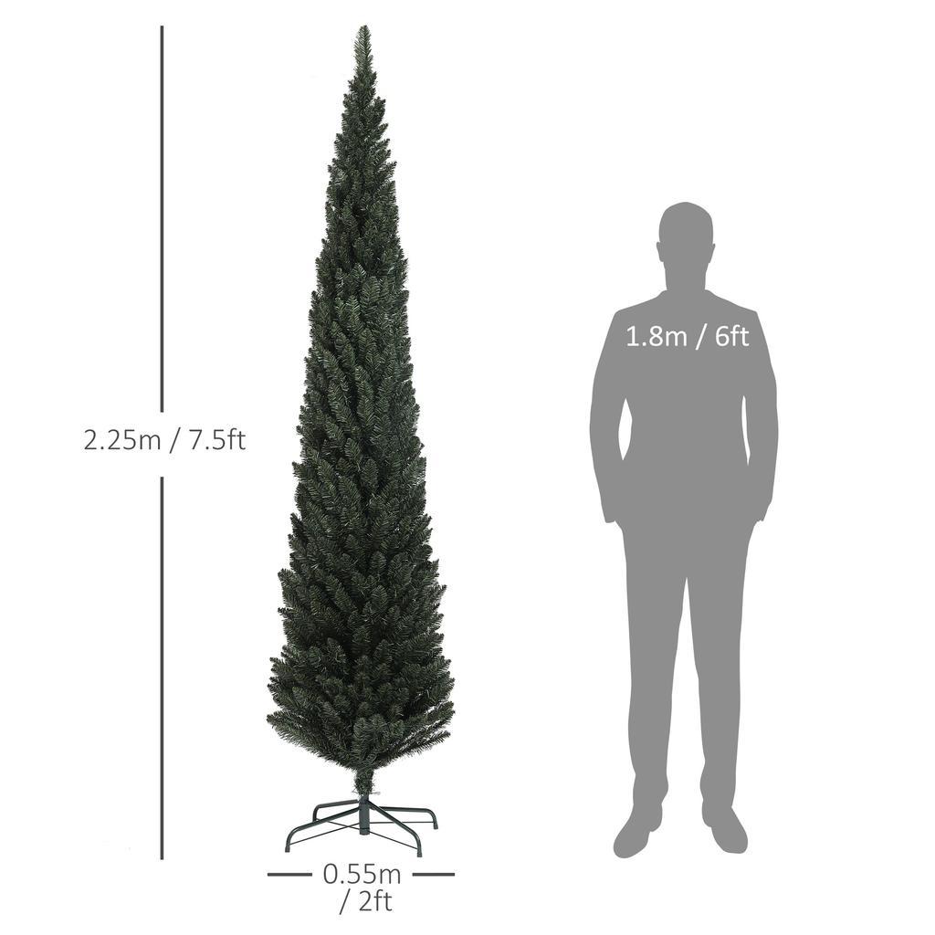 Slim Christmas Tree 225 cm Tall Space-Saving with 538 Branches with Steel Base for Indoor Use, Green