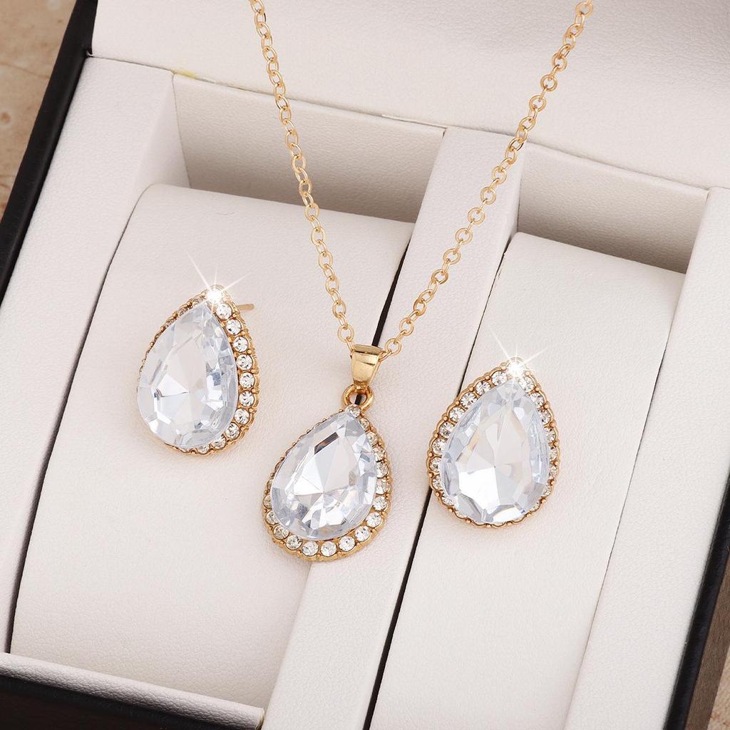European & American Versatile Rhinestone Necklace & Earrings Set - Classic Multicolor Water Drop Glass Crystal Jewelry (3 Pieces)