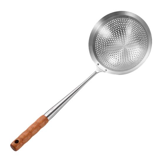 Stainless Steel Large Skimmer with Slotted Spoon for Wooden Handle Heavy-Duty Frying Dumplings Noodles Rust-Proof Dishwasher