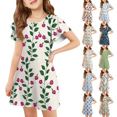 Mädchen Kleid mit Rüschenärmeln - Rundhals bedrucktes Sommerkleid