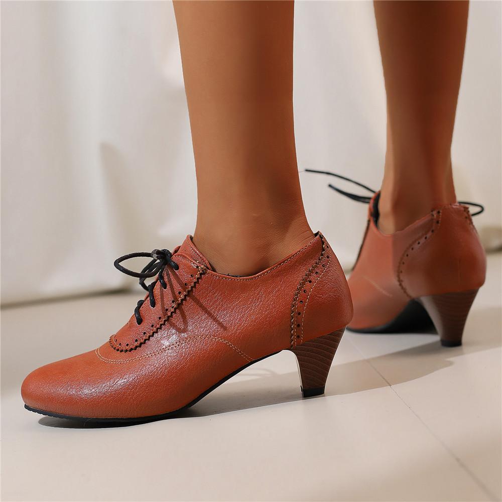 Fashion Pumps Spring and Autumn New Vintage Style Oxford Fashion Cross Lace Up High Heels Single Shoes Round Head Lefu Shoes High 32-48