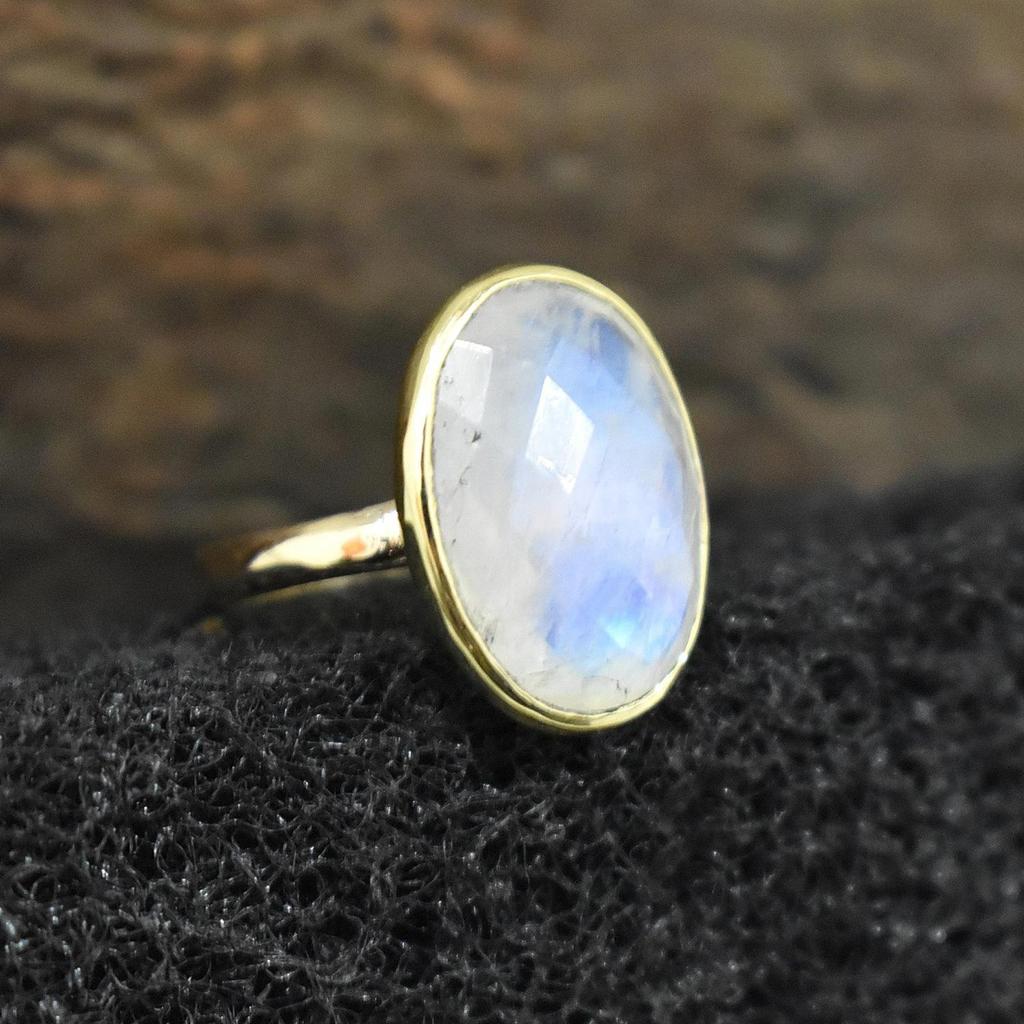 Oval Rose Cut Rainbow Moonstone Sterling Silver Yellow Gold Fill Ring Jewelry