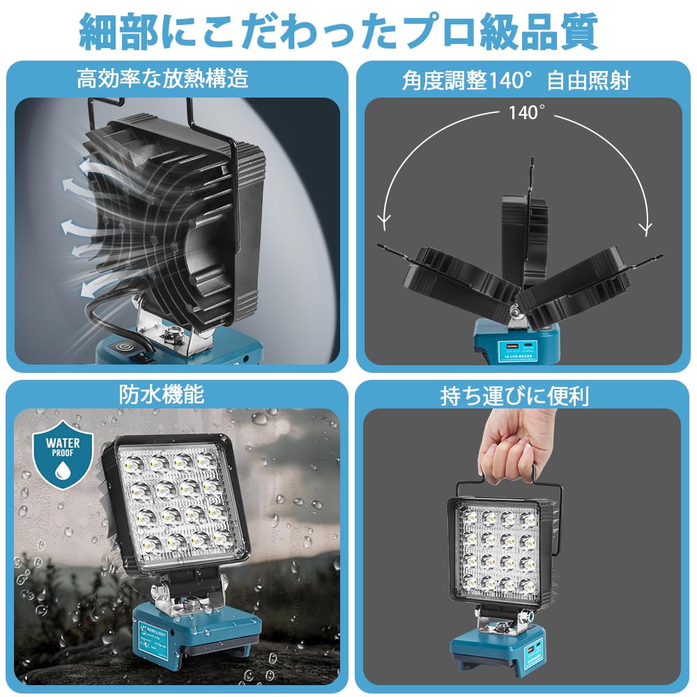 Waitl 3-Level 5800LM Cordless LED Floodlight Work Light, 14.4V, Makita 18V Battery Compatible, High Brightness, 140° Adjustable Angle, IP65 Waterproof