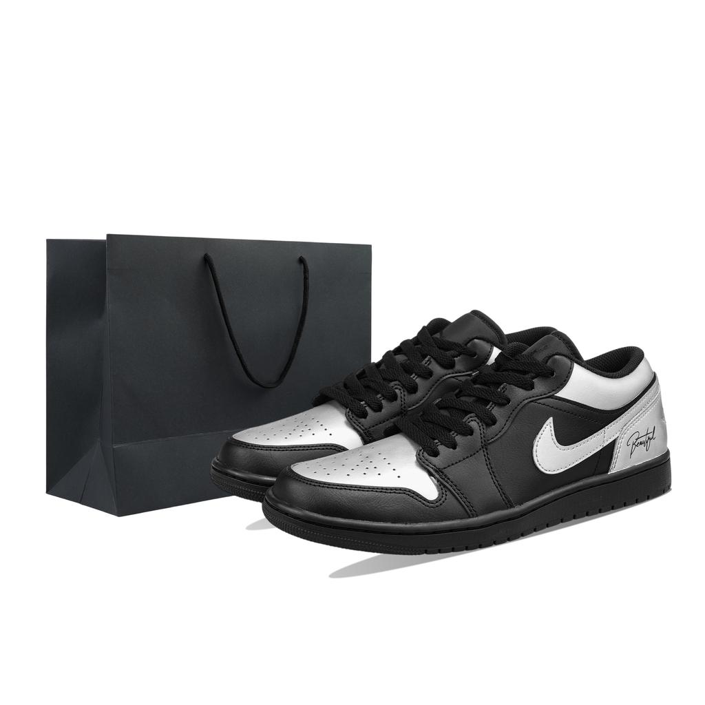 Jordan Air Jordan 1 Cow Leather Abrasion Resistant Breathable Low Top Vintage Basketball Shoes Men's Black Silver 553558-093(Team1423-)