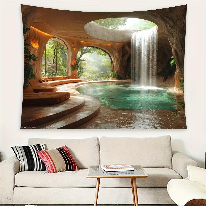 2D Spa Cave Waterfall Wall Tapestry Tropical Nature Background Cloth for Home