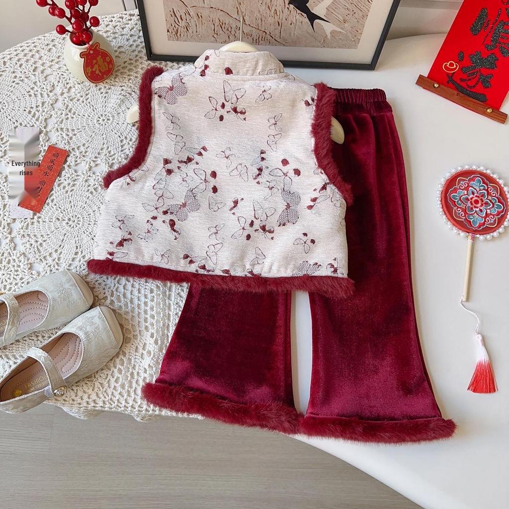 New Winter Arrival: Baby Girls' Chinese Style Fleece-Lined Vest & Long Pants Set - AWB138.