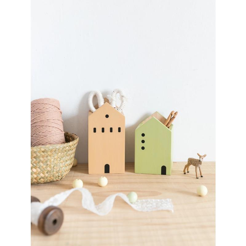 Cartoon House Wooden Pen Holder Pencil Container Makeup Brush Stationery Dispenser Box Student/ Office Desktop Storage Organiser