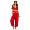 S-XXL Womens Belly Dance Outfit V Neck Short Sleeve Gold Trim Crop Top and Sequin Tassel Long Pants 2-piece Set for India Dance Folk Dance