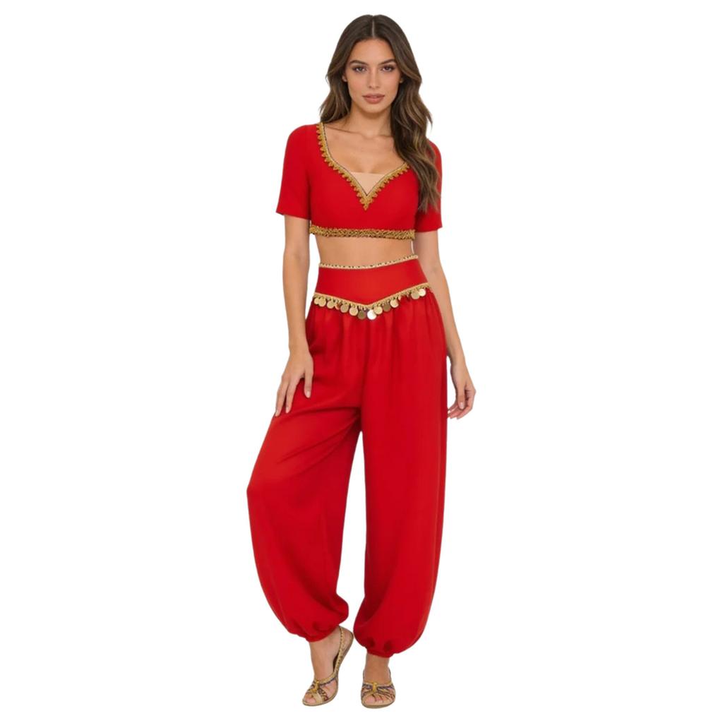 S-XXL Womens Belly Dance Outfit V Neck Short Sleeve Gold Trim Crop Top and Sequin Tassel Long Pants 2-piece Set for India Dance Folk Dance