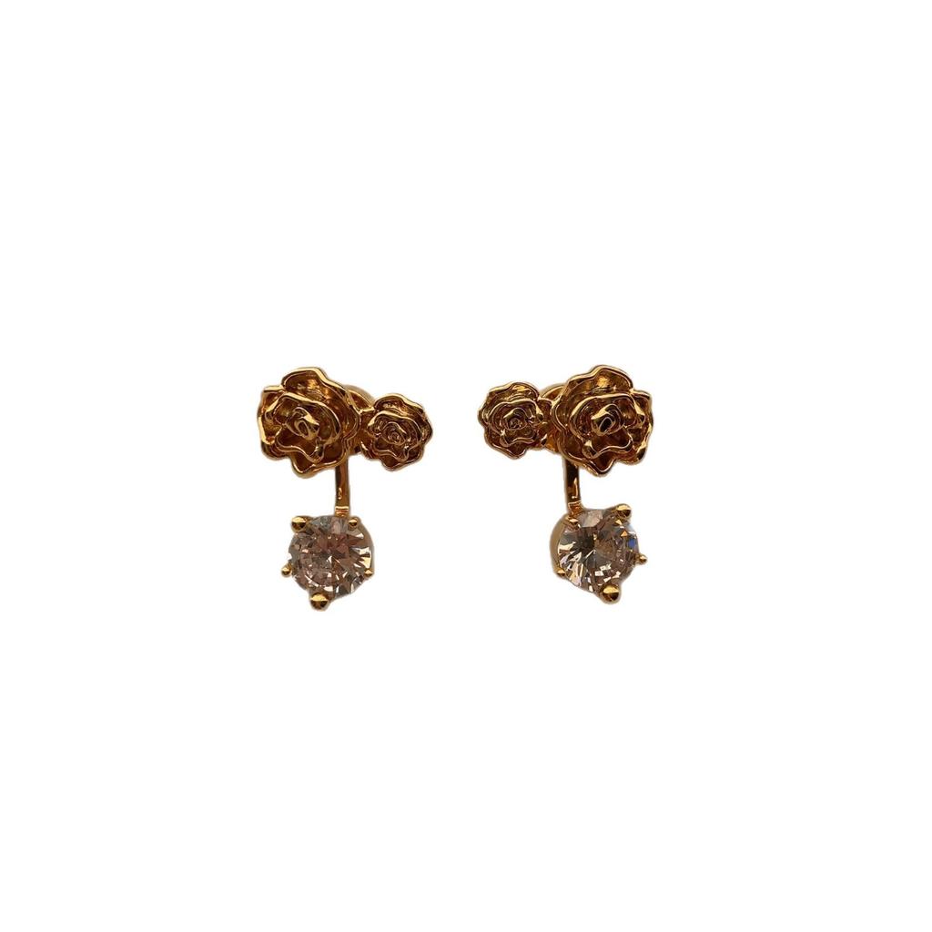 Three-dimensional gold rose bright diamond stud earrings romantic retro exquisite high-end earrings
