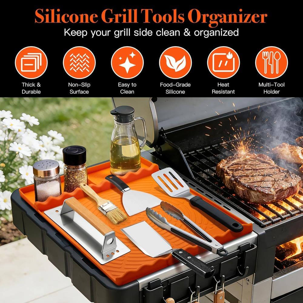Silicone Grill Mat - BBQ Griddle Tools Side Mat with Drip Pad, Griddle Tools Mat for Outdoor Kitchen Countertop, BBQ Grill Accessories Gifts for Men