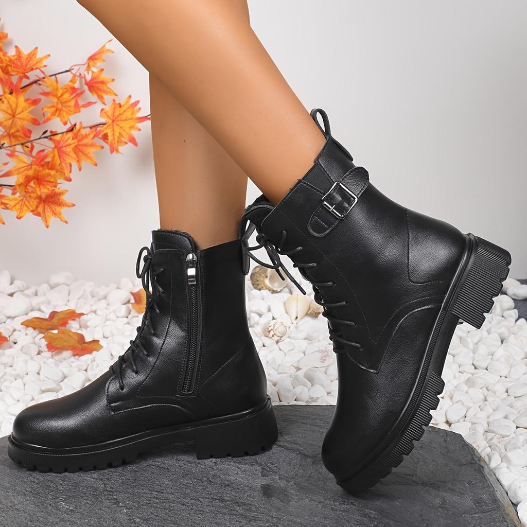 fashion Women's Black Platform Ankle Boots Fashion Buckle Decor Lace Up Motorcycle Boots Woman Thick Sole PU Leather Combat Booties 2024