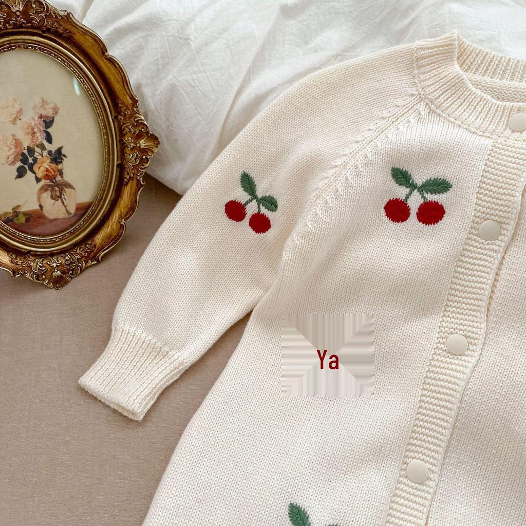 Frühling/Herbst 2025 Baby Kirsche Strick Strampler Set - Niedliches Baumwoll Latzhose Bubble Outfit