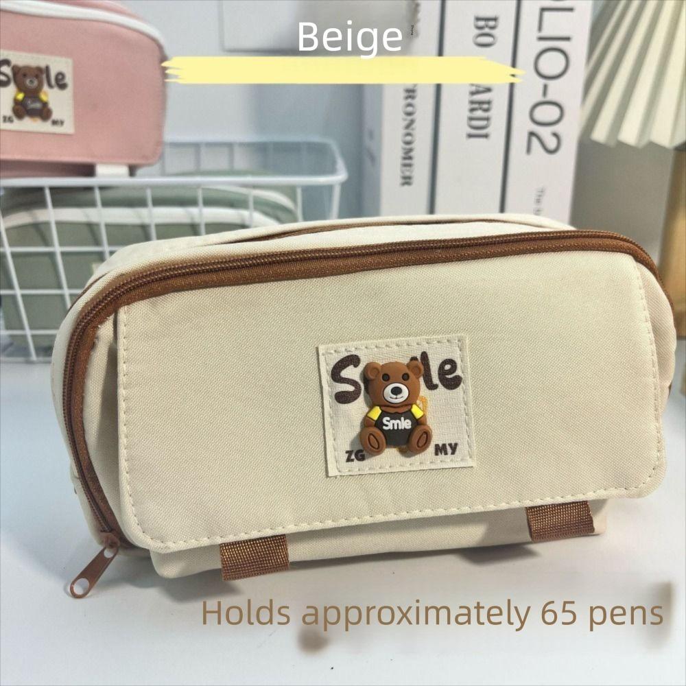 

Cartoon Pencil Bag Bear Double Layer Pen Pouch Fashion Stationery Storage Bag Students Supplies бежевий
