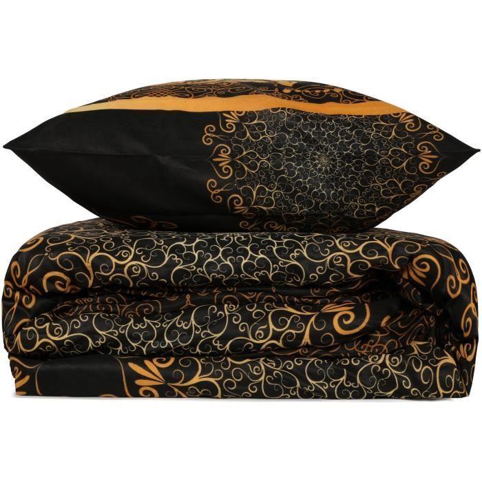 Parure de lit - 1 housse de couette 220 x 240 cm + 2 taies d'oreiller 60 x 60 cm - 100% coton renforcé - Noir