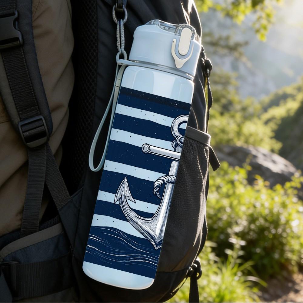 1PC Navy Stripe Anchor Nautical Print 750ml Color Plastic Sports Water Bottle Leakproof Flip Straw Lid Suitable for Sports Office Home Use