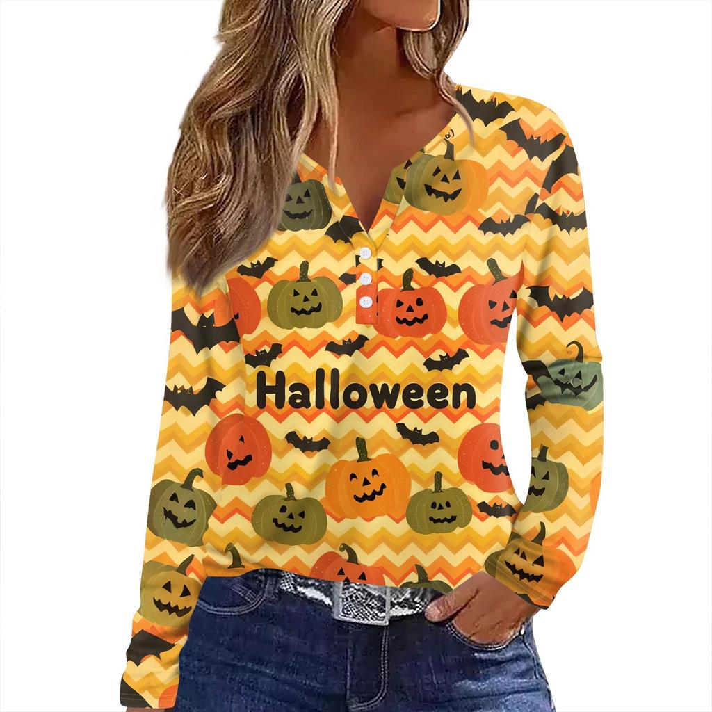 Dámské tričko s potiskem Halloweenu, knoflíky, dlouhý rukáv, denní, víkendová móda, základní, výstřih do V, běžný top