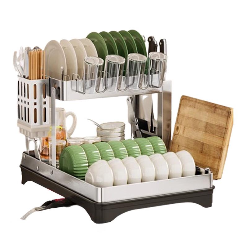 Stainless Steel 2-Tier Kitchen Dish Drying Rack with Holders