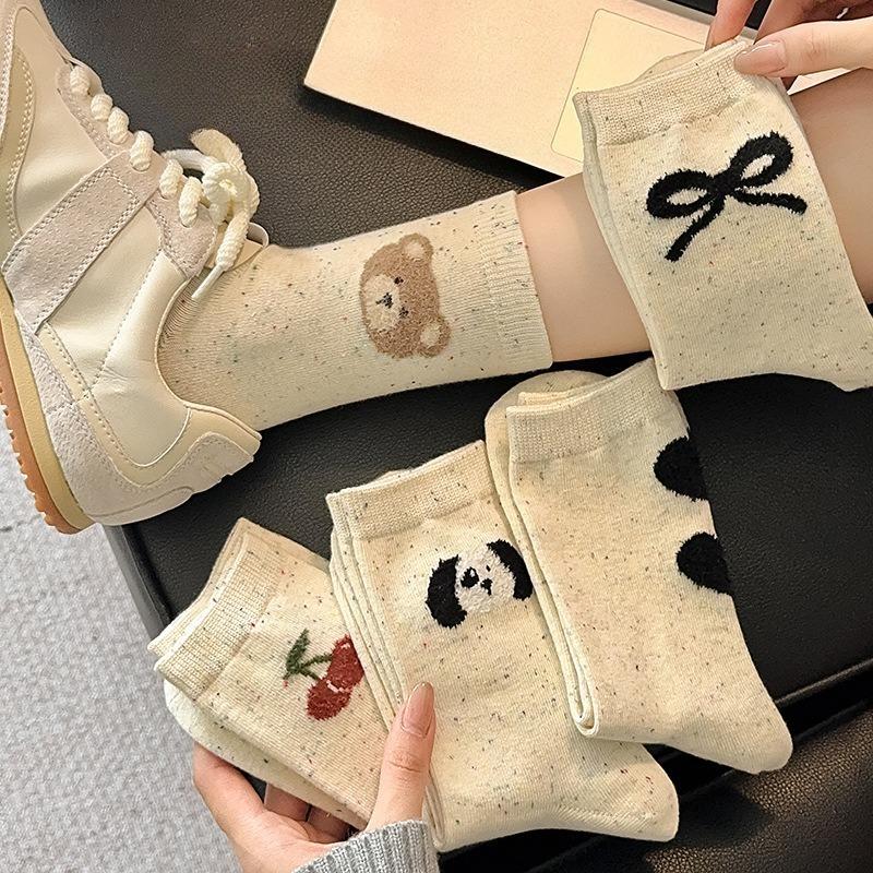 5 Paar Damen Baumwolle Mid-Calf Socken Cartoon Niedlich Preppy Stil Schweißabsorbierend Sommersocken für Damen
