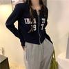 Women's Letter Print Cropped Zip-Up Cardigan Jacket - Slimming Long Sleeve T-Shirt Style Top