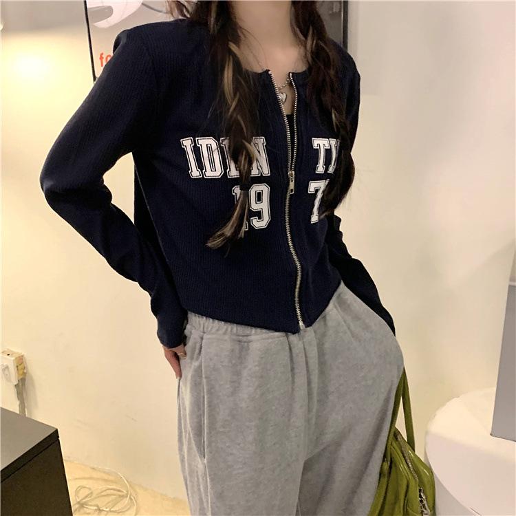 Women's Letter Print Cropped Zip-Up Cardigan Jacket - Slimming Long Sleeve T-Shirt Style Top