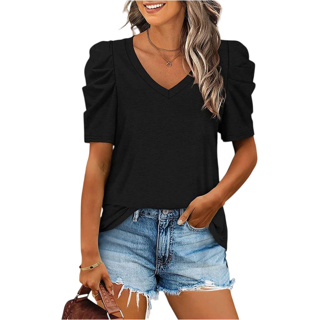 Women's Casual Ruffled Patchwork V-Neck Short Sleeve T-Shirt Top