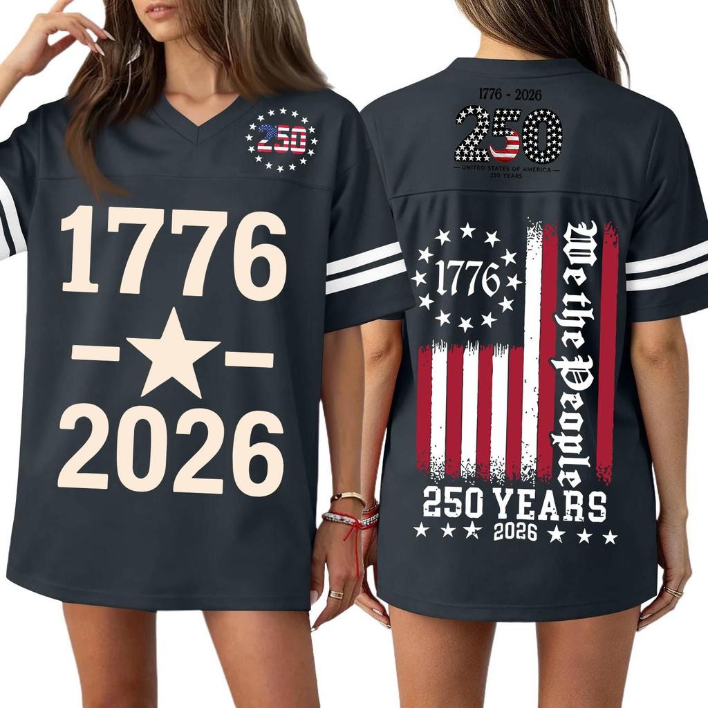 Women V Neck Casual Loose Fit Sports Jersey Top with 250th Anniversary Print Short Sleeve Independence Day Shirt