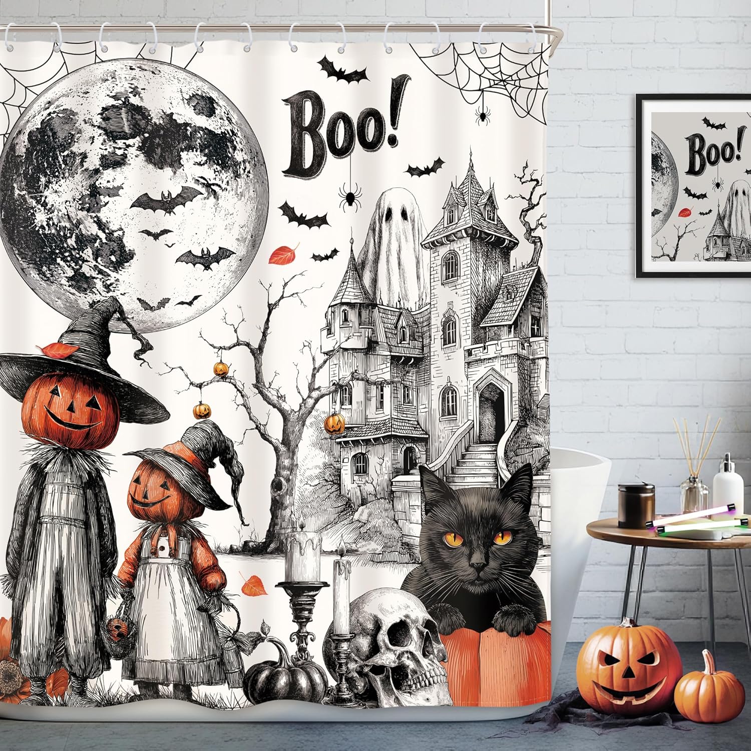 

Halloween Neon Ghost Shower Curtain Kids Trick Or Trea Funny Cute Cartoon Pumpkin Scary Bat Spider Web Gothic Spooky Fabric W60H190(CM)-1 Pcs