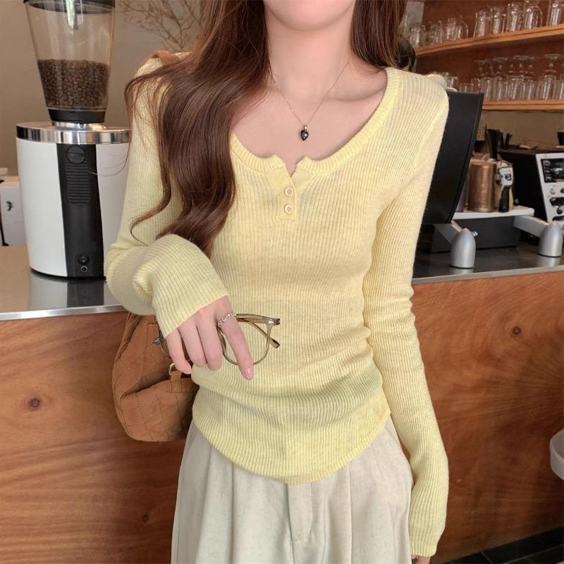 Milk Yellow Threaded Semi-open Neck Slim-fitting Knitted Shirt Women's Autumn and Winter Thin Pit Strip Design Sense Long-sleeved Bottoming Top