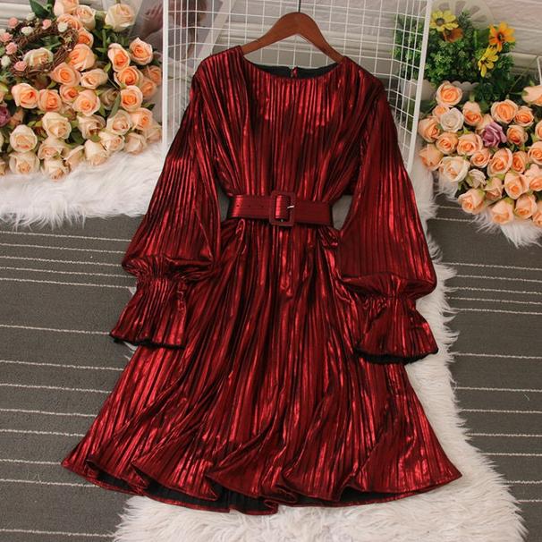 

Роскошные вечерние платья для женщин 2024 года, элегантное металлическое платье с завязкой на поясе, осеннее мини-платье с длинными рукавами и складками для женщин One Size красный