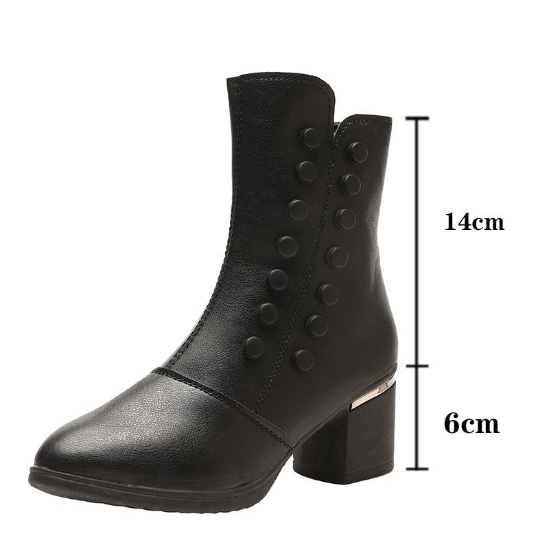 Fashion Women Boots High Quality Leather Ankle Boot Chunky Chelsea High Heels Boots for Women Winter Plush Warm Cotton Boots Botas Mujer