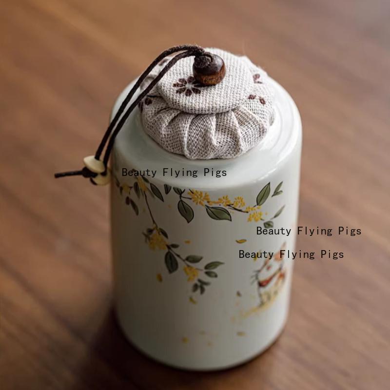 1pc Ceramic Osmanthus Cat Tea Jar Portable Moisture-proof Sealed Jar Pollen Jar Facial Mask Powder Can Tea Ceremony Accessories