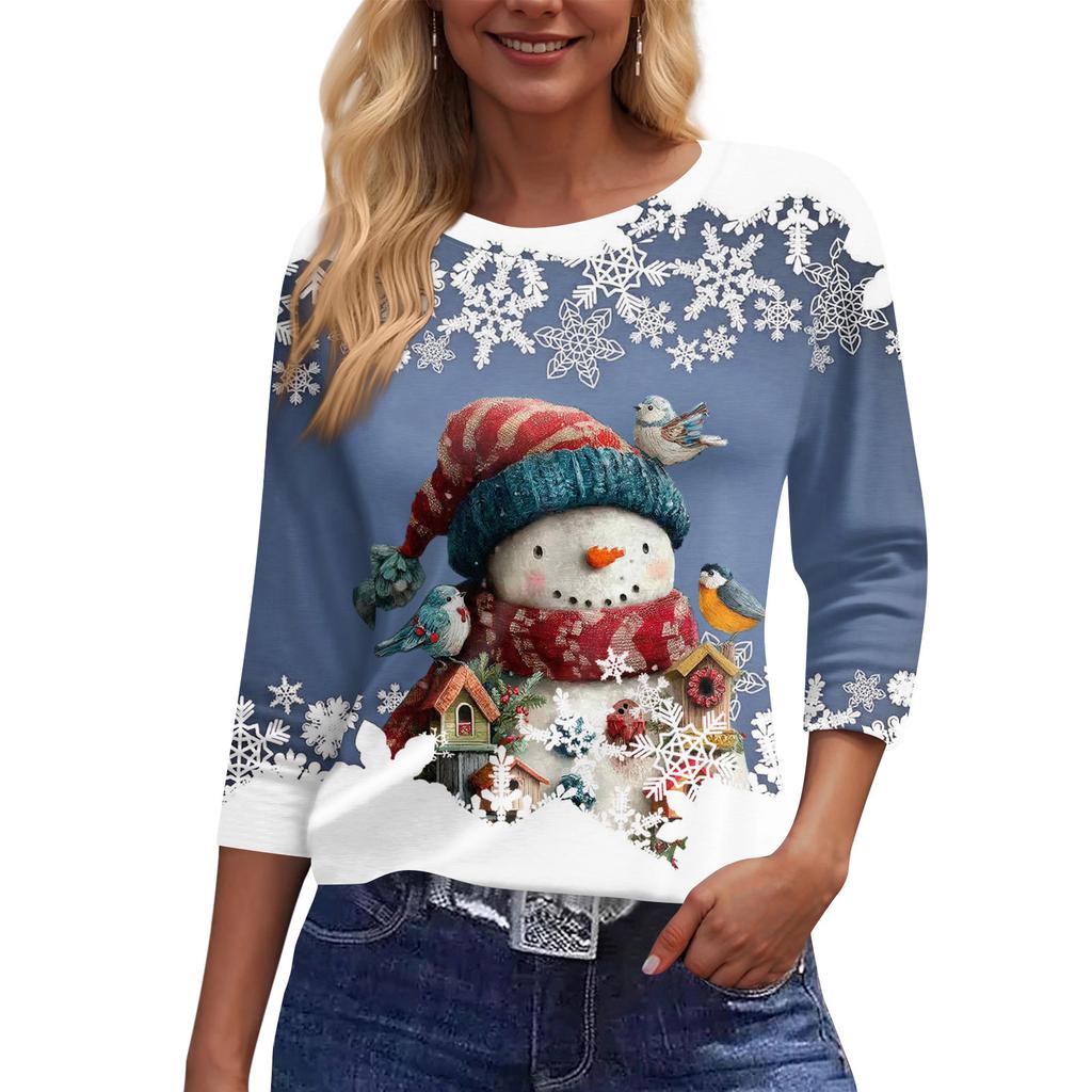 Damenmode Lässiges Rundhals-T-Shirt mit 3/4-Ärmeln und lockerem Aufdruck