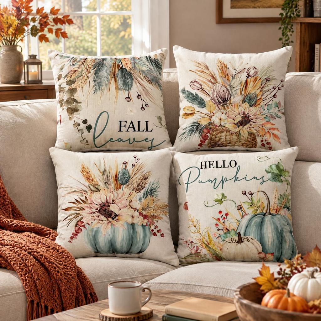 4 Pack Fall Thanksgiving Throw Covers with Pumpkin and Maple Leaf Print for Sofa Couch Decor
