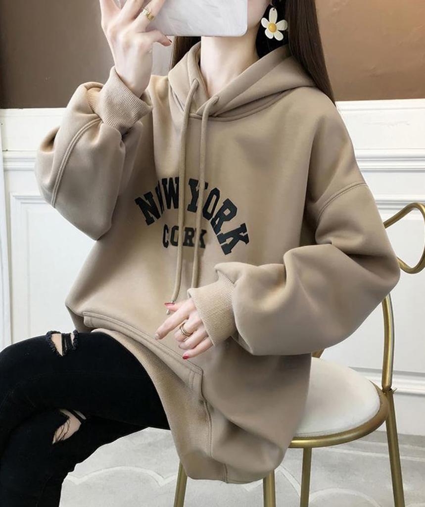 Pullover Plus Sizes Women's Fall/Winter Loose-Fit Long-Sleeve Fleece-Lined Hoodie, Stylish, (JP, Alphabet, M, Black)