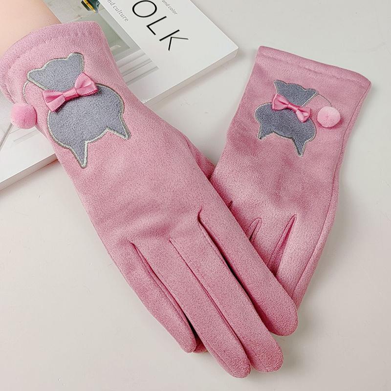 Cute Cat Embroidered Suede Leather Plus Velvet Thicken Riding Warm Gloves Winter Outdoor Sport Full Finger Touch Screen Driving