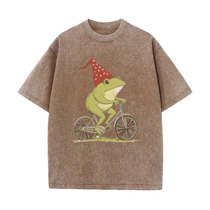 Funny Frog Bicycle Print Vintage Washed Gray Casual Streetwear T Shirt