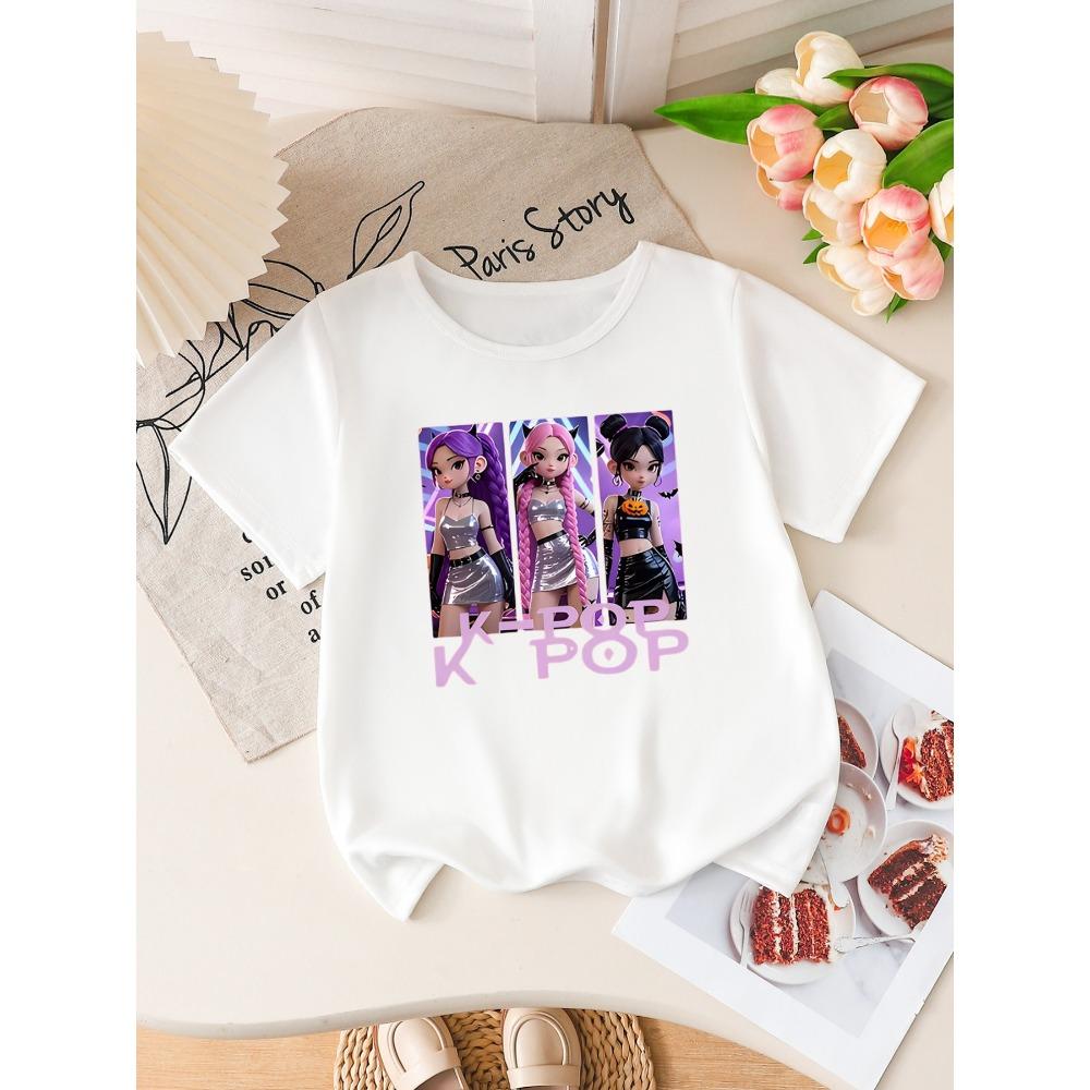Girls K-POP Halloween Demon Idol Print Short Sleeve T-Shirt Cute Cartoon Graphic Tee Kids Summer Casual Top
