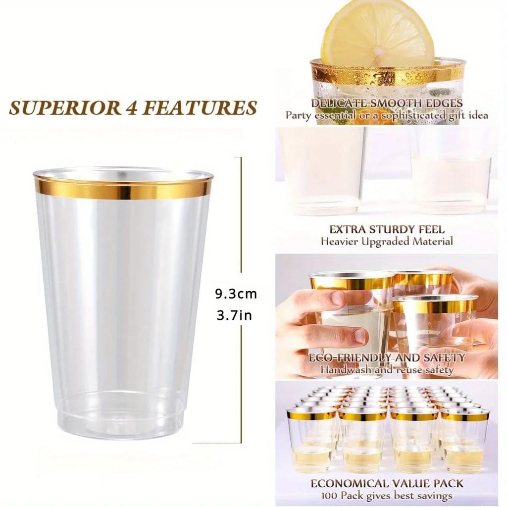 50/100 ks 10oz čiré plastové kelímky se zlatým okrajem, elegantní jednorázové plastové sklenice na víno pro svatby a večírky